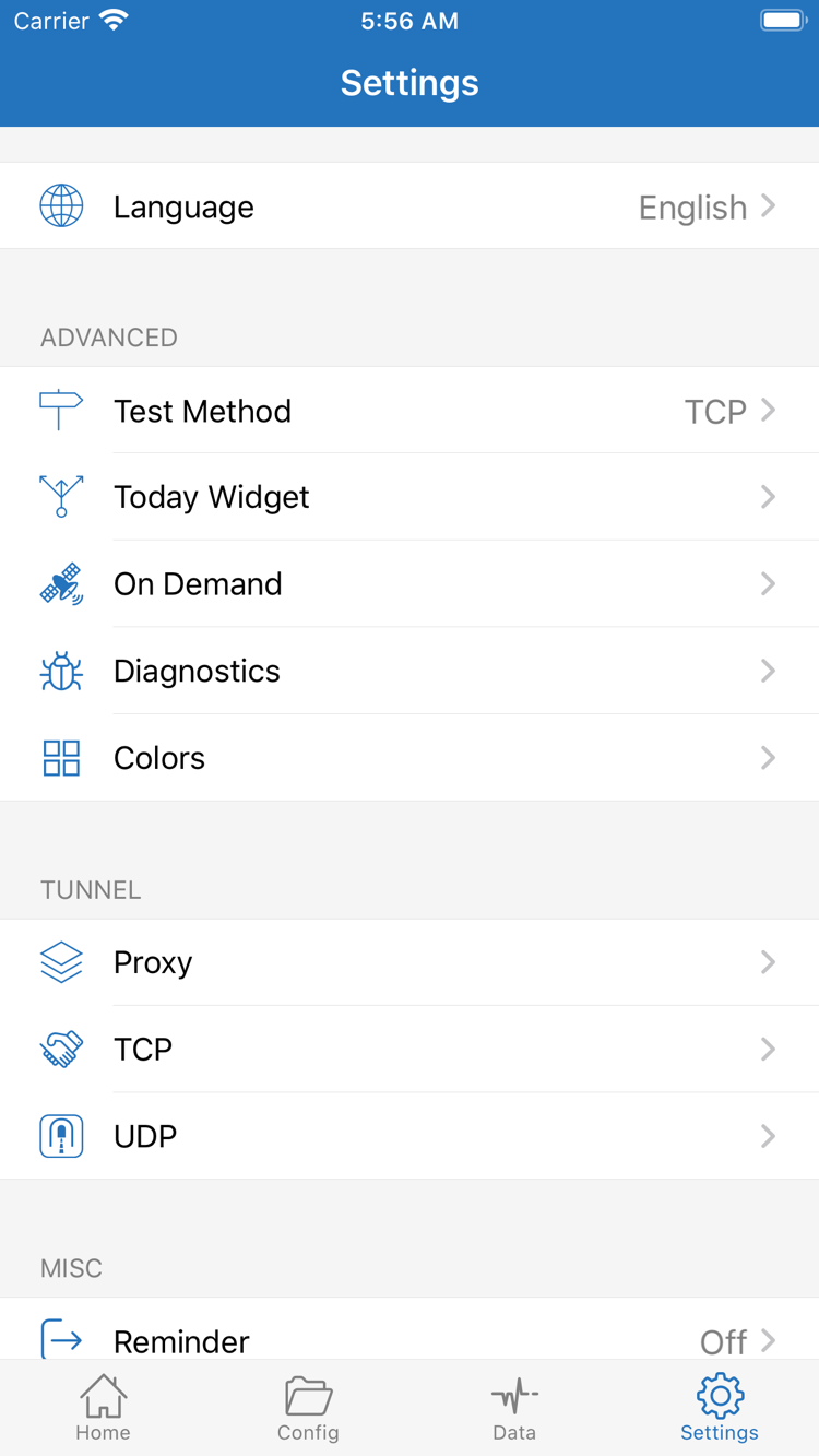 Shadowrocket Settings screen showing Language, Test Method, Today Widget, On Demand, Diagnostics, and Proxy, TCP, and UDP options