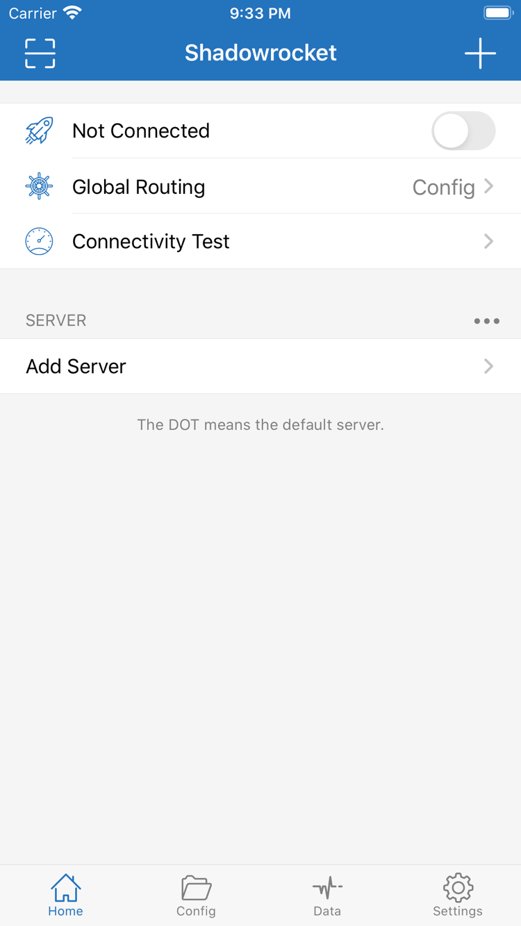 Shadowrocket Home screen showing the Not Connected status and connection switch, Global Routing, and Connectivity Test at the top, with the SERVER group and Add Server below