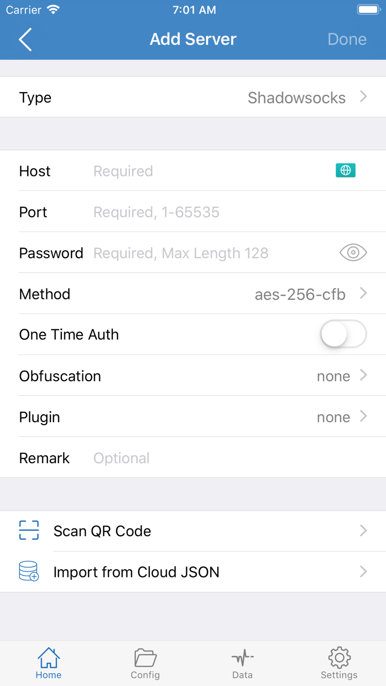 Shadowrocket Add Server screen showing Type, Host, Port, Password, and Method fields, plus Scan QR Code and Import from Cloud JSON options